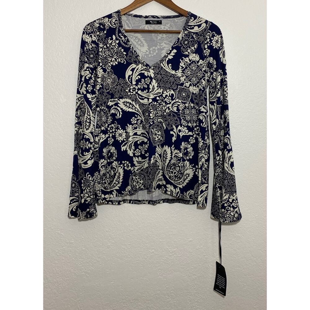 NWT Michael Lauren Size XS Navy Cream Paisley Floral V-Neck Top Bell Sleeve